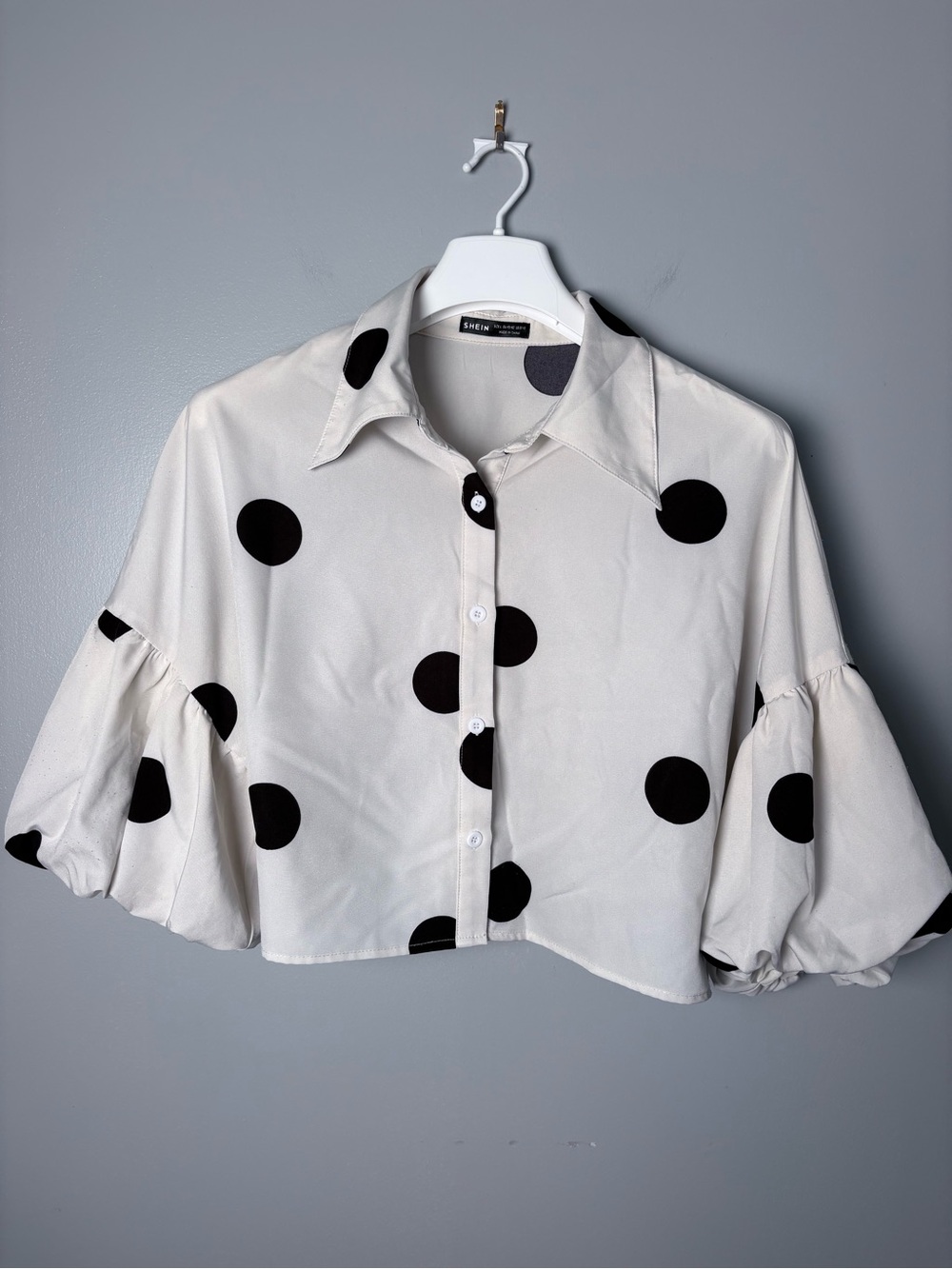 Polka Dot Cropped Button Front Shirt Puff Lantern Sleeve Blouse Cream Large